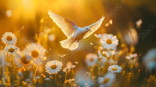 white dove flying in the flower
