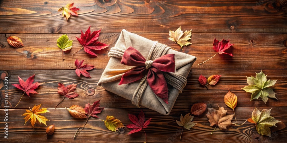 A Rustic Autumn Gift Box with a Red Bow and Surrounded by Colorful Fall Leaves on a Wooden Surface A Rustic Autumn Gift Box with a Red Bow and Surrounded by Colorful Fall Leaves on a Wooden Surface