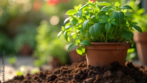 Wallpaper Mural Vibrant Herb Planting, Lush Green Herbs in Rustic Terracotta Pot Spilling Fresh Potting Soil, Dappled Sunlight, Serene Garden Scene Torontodigital.ca
