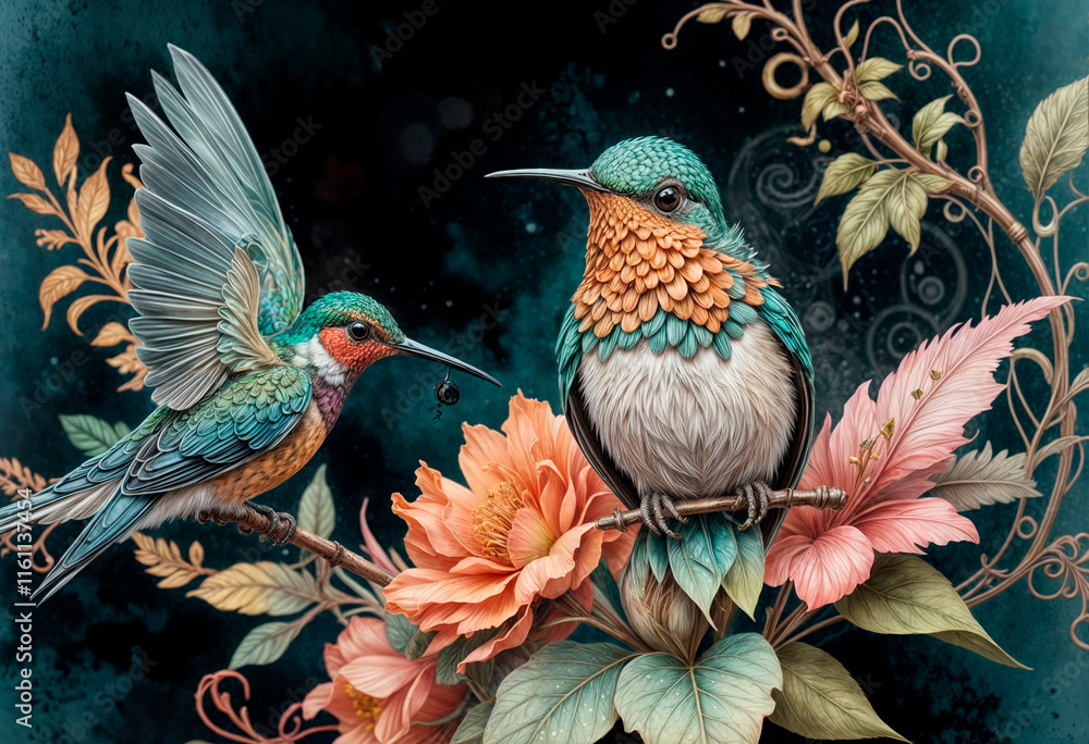 Obraz premium Hummingbird aquarel, with steampunk floral art - generated by ai