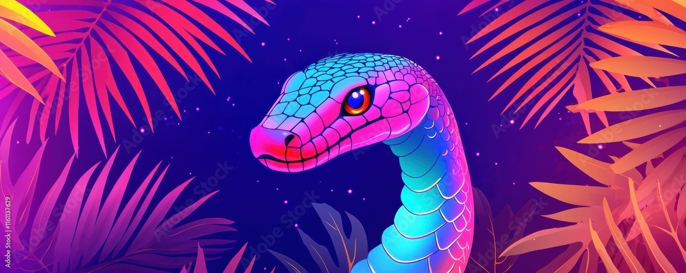 Fototapeta premium Chinese New Year theme (Snake Year) background. Colorful snake illustration surrounded by vibrant tropical leaves in a mystical setting.