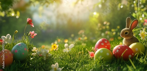 Rabbit among colorful Easter eggs in a sunlit garden during springtime