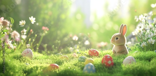 Rabbit among colorful Easter eggs in a sunlit garden during springtime