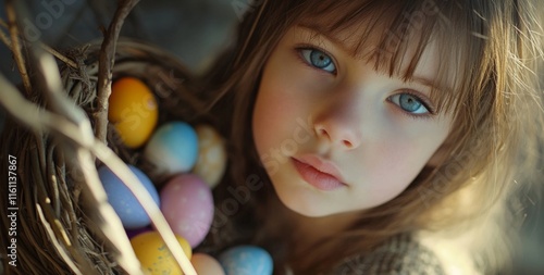 Young girl holds colorful Easter eggs in a basket, smiling warmly against a softly blurred background