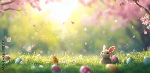 Rabbit among colorful Easter eggs in a sunlit garden during springtime