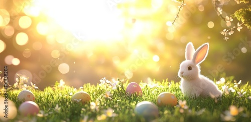 Rabbit among colorful Easter eggs in a sunlit garden during springtime