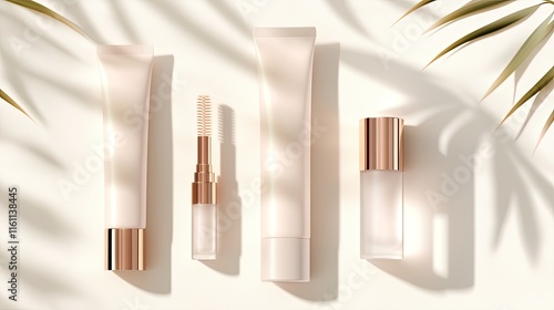 Elegant skincare product packaging mockups with palm leaf shadows on a bright background. photo