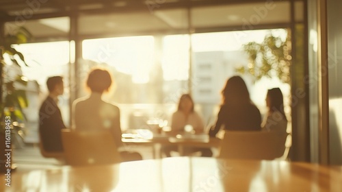 Blurred Business Team Actively Participating in Meeting at Sunrise