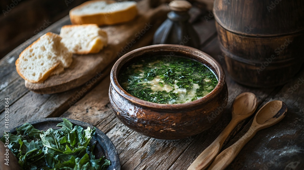 Lettuce soup served in a clay bowl, with fresh bread and rustic wooden utensils on a weathered wooden table Lettuce soup served in a clay bowl, with fresh bread and rustic wooden utensils on a weathered wooden table