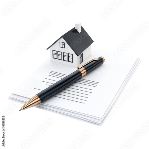 A model house sits atop a stack of papers beside a sleek pen, symbolizing real estate and property transactions.
