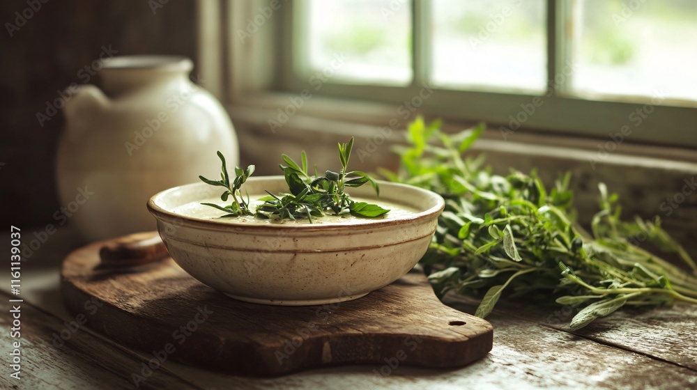 Fototapeta premium Lettuce soup served in a vintage ceramic bowl, placed on a rustic chopping board with fresh greens and herbs