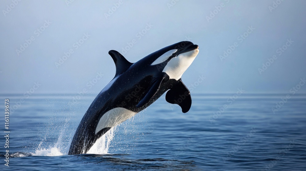 Fototapeta premium Orca whale leaping from ocean water.