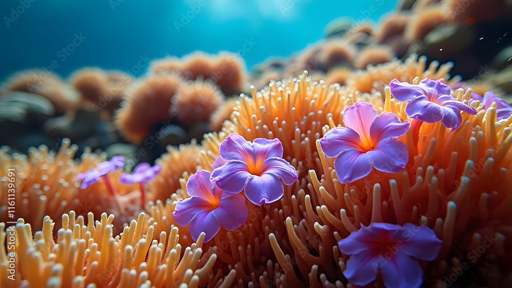 Vibrant Underwater Coral Reef Scene with Purple and Pink Flowers, Close-up of Sunlit Ocean Bloom Vibrant Underwater Coral Reef Scene with Purple and Pink Flowers, Close-up of Sunlit Ocean Bloom