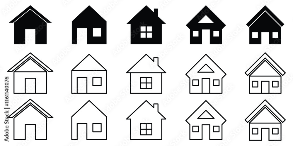 House icon with lines and simple design. Black and white house icon with chimney. Real estate house icon. Flat house icon. Abstract house icon set on white background. House icon with lines and simple design. Black and white house icon with chimney. Real estate house icon. Flat house icon. Abstract house icon set on white background.