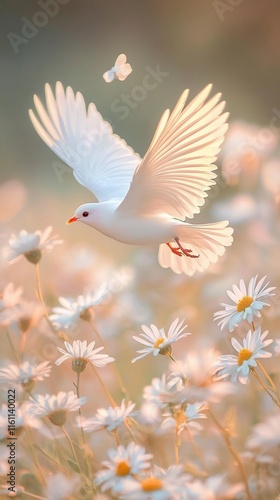 white dove flying in the flower