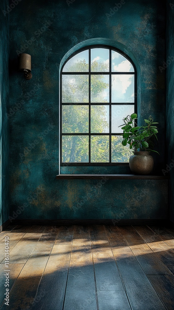 Serene Interior with Arched Window and Sunlit Wooden Floor Serene Interior with Arched Window and Sunlit Wooden Floor