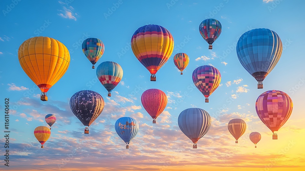 Obraz premium Colorful Hot Air Balloons Soar Across a Sunset Sky