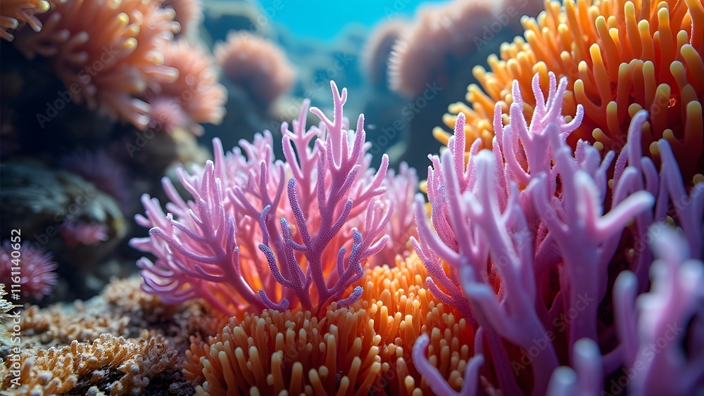 Vibrant Sun-Drenched Coral Reef Close-Up, Pink and Orange Coral Blooms Underwater Tapestry Vibrant Sun-Drenched Coral Reef Close-Up, Pink and Orange Coral Blooms Underwater Tapestry