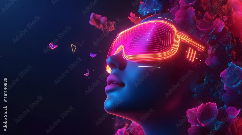 A futuristic woman wearing neon glowing augmented. Augmented Reality and Digital Creativity in a Futuristic World. It conveys the fusion of technology, imagination, and immersive digital environments A futuristic woman wearing neon glowing augmented. Augmented Reality and Digital Creativity in a Futuristic World. It conveys the fusion of technology, imagination, and immersive digital environments