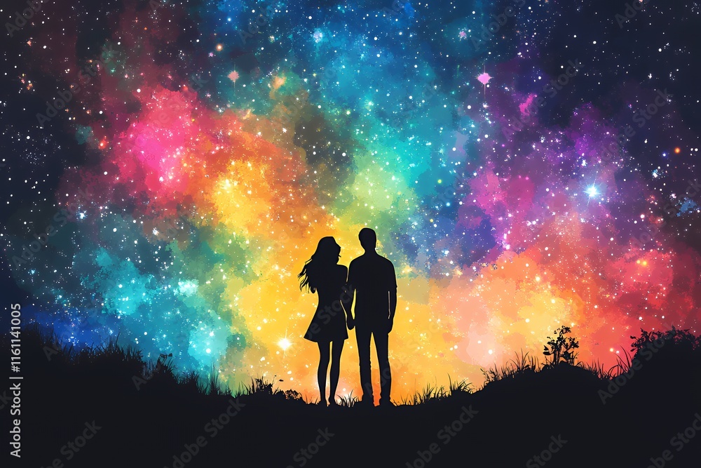 Couple Standing Hand in Hand Under a Colorful Starry Sky at Twilight Couple Standing Hand in Hand Under a Colorful Starry Sky at Twilight