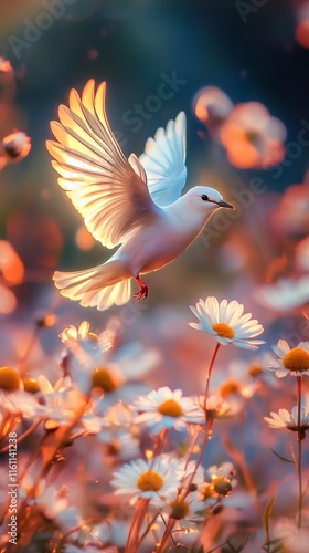 white dove flying in the flower