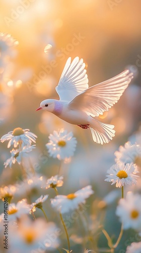 white dove flying in the flower