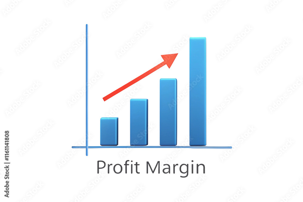 Profit margin bar graph with upward arrow on white background, representing financial growth and success. Financial profit margin chart with blue bars and red arrow. signifying business performance.