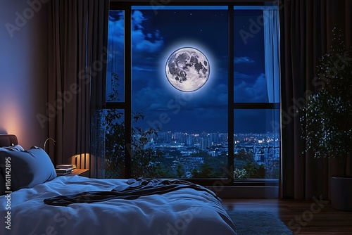 badroom at night with big window and fullmoon