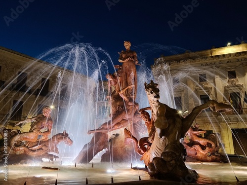 fountain at night in town Ortigia in Sicily 