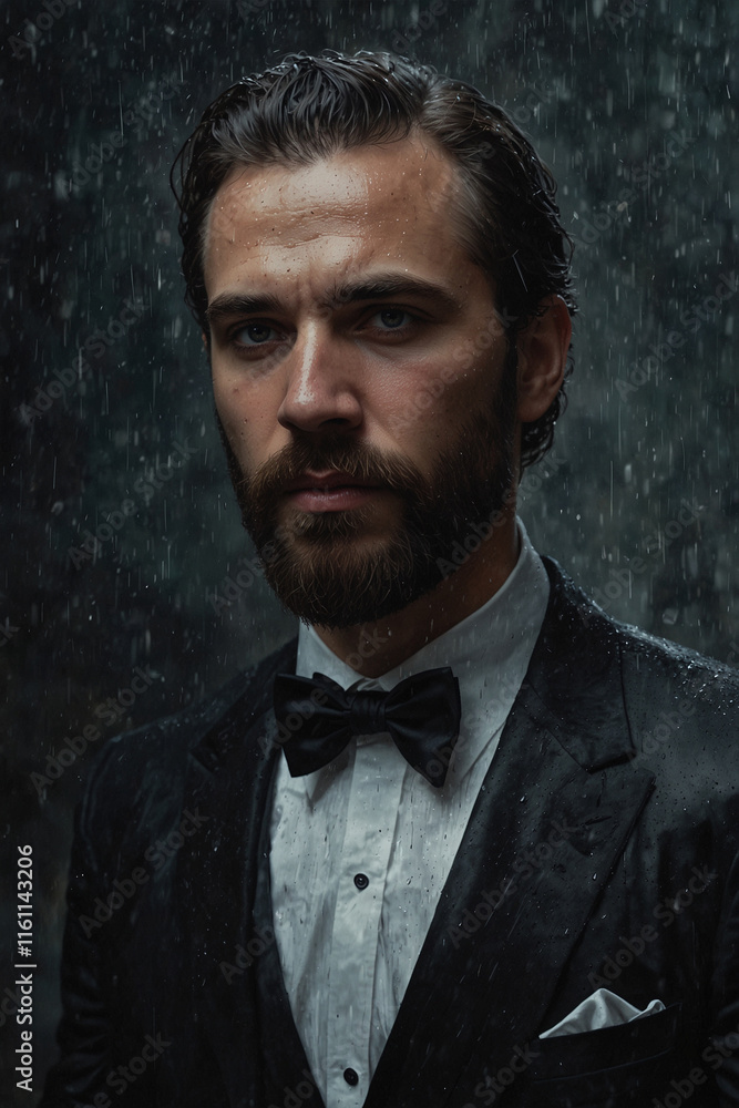 Man in suit in the rain, looking straight ahead. Emotional portrait with dramatic atmosphere. Ideal for illustrations, films and projects with strong character Man in suit in the rain, looking straight ahead. Emotional portrait with dramatic atmosphere. Ideal for illustrations, films and projects with strong character
