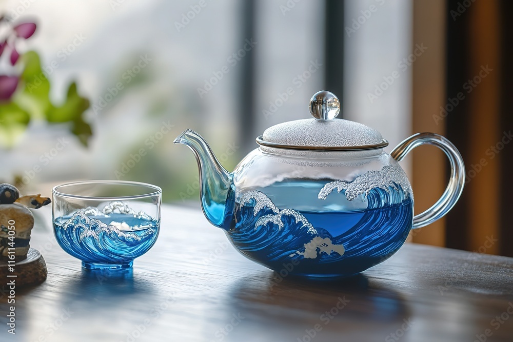 Glass teapot and cup with ocean wave design, filled with blue liquid. Tranquil and serene setting. Glass teapot and cup with ocean wave design, filled with blue liquid. Tranquil and serene setting.