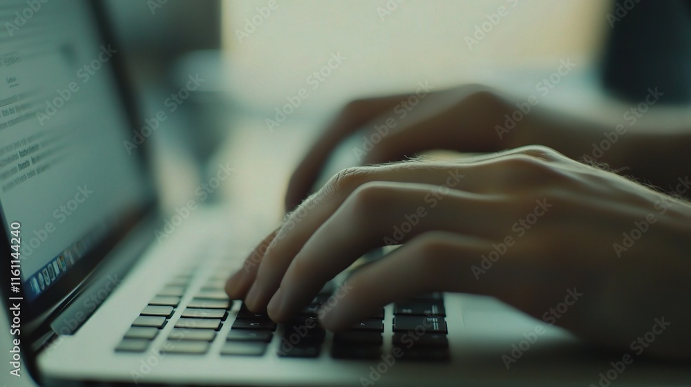 Close-Up of Hands Typing on Laptop Keyboard in Soft Lighting Close-Up of Hands Typing on Laptop Keyboard in Soft Lighting
