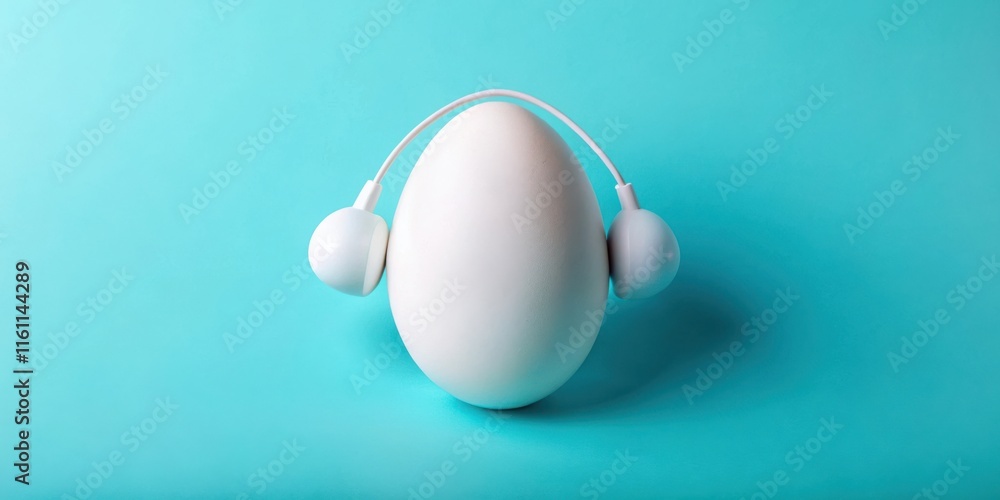 A single white egg with white headphones on a teal blue background. The egg is positioned in the center of the image and appears to be listening to music. A single white egg with white headphones on a teal blue background. The egg is positioned in the center of the image and appears to be listening to music.