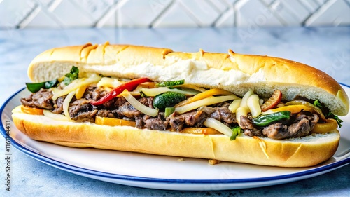 Satisfying philly cheesesteak filled with grilled peppers and onions on a fresh hoagie roll photo