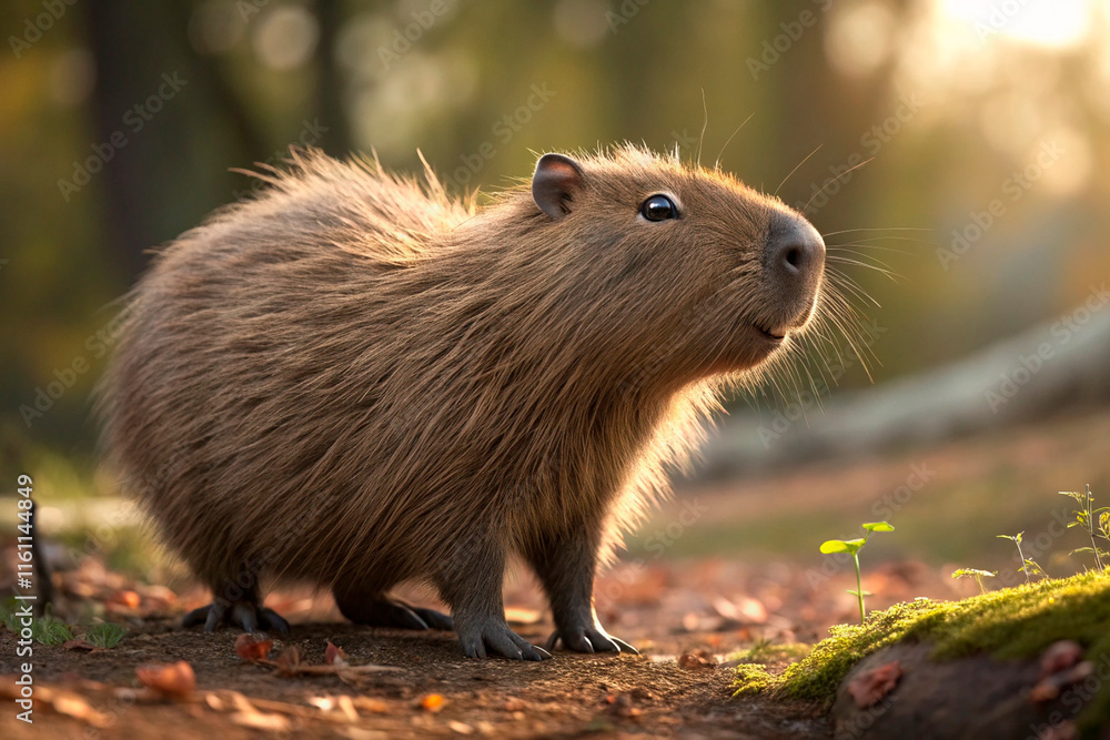 A cute 3d render, furry, spherical shaped capybara with hyperdetailed fur. He has his paws on his tummy, a smile on his face, and big eyes - generated by ai A cute 3d render, furry, spherical shaped capybara with hyperdetailed fur. He has his paws on his tummy, a smile on his face, and big eyes - generated by ai