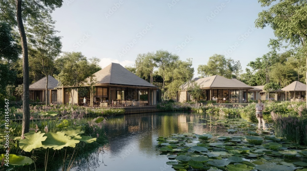 Obraz premium Luxurious resort villas nestled by a serene pond, lush greenery, and tranquil atmosphere.