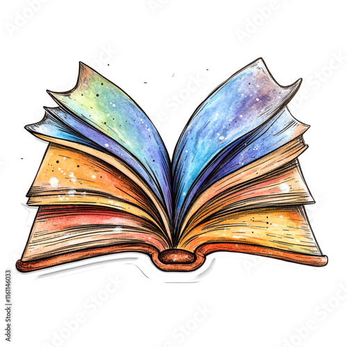 A vibrant watercolor painting of an open book, its pages radiating with a cosmic rainbow. A symbol of knowledge, imagination, and boundless possibilities. photo