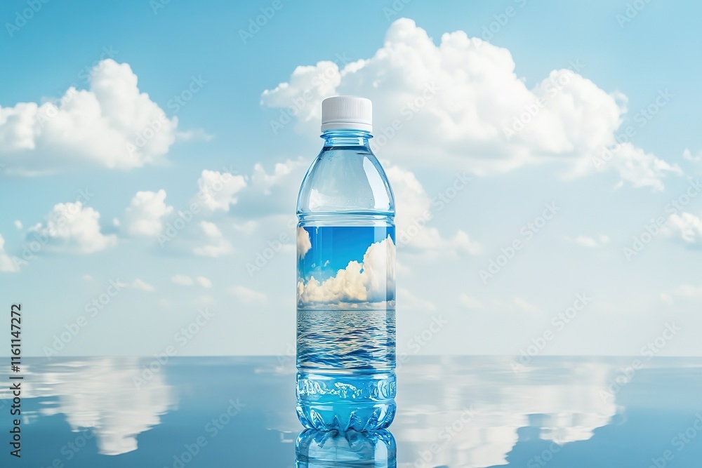 Refreshing water bottle against a serene sky and ocean reflection. Refreshing water bottle against a serene sky and ocean reflection.