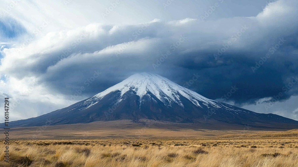 Majestic snow-capped volcano under dramatic clouds. Majestic snow-capped volcano under dramatic clouds.