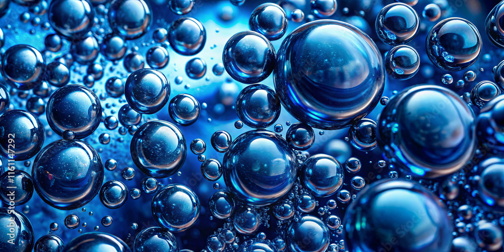 Small bubbles of various sizes float in a vibrant blue liquid, reflecting and refracting light, creating an enchanting visual effect during a lab experiment focused on fluid dynamics Small bubbles of various sizes float in a vibrant blue liquid, reflecting and refracting light, creating an enchanting visual effect during a lab experiment focused on fluid dynamics
