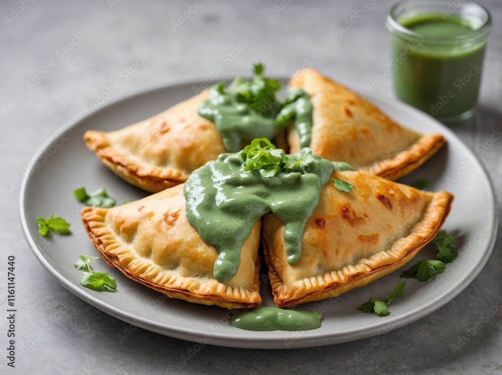 Golden-brown empanadas arranged on a smooth white ceramic plate. Golden-brown empanadas arranged on a smooth white ceramic plate.