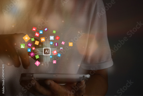 Businessman using AI virtual screens for monitor performance his business at home,Online business at home concept