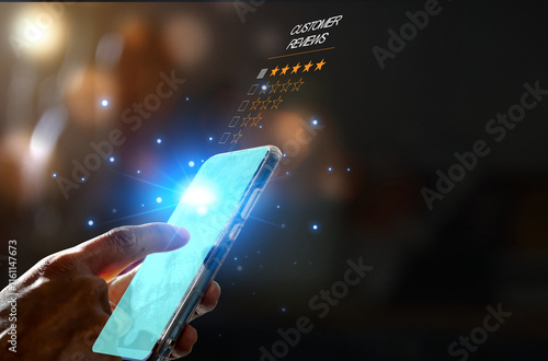 Customer service evaluation concept,Businessman pressing smile face emotion on virtual touch screen