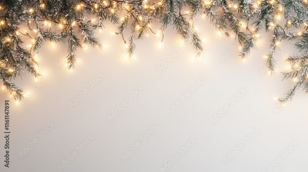 Fototapeta premium A warm, inviting scene of twinkling lights draped over evergreen branches against a soft, neutral background, evoking a cozy holiday atmosphere.