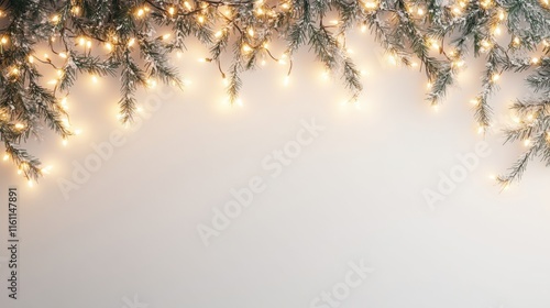 A warm, inviting scene of twinkling lights draped over evergreen branches against a soft, neutral background, evoking a cozy holiday atmosphere.