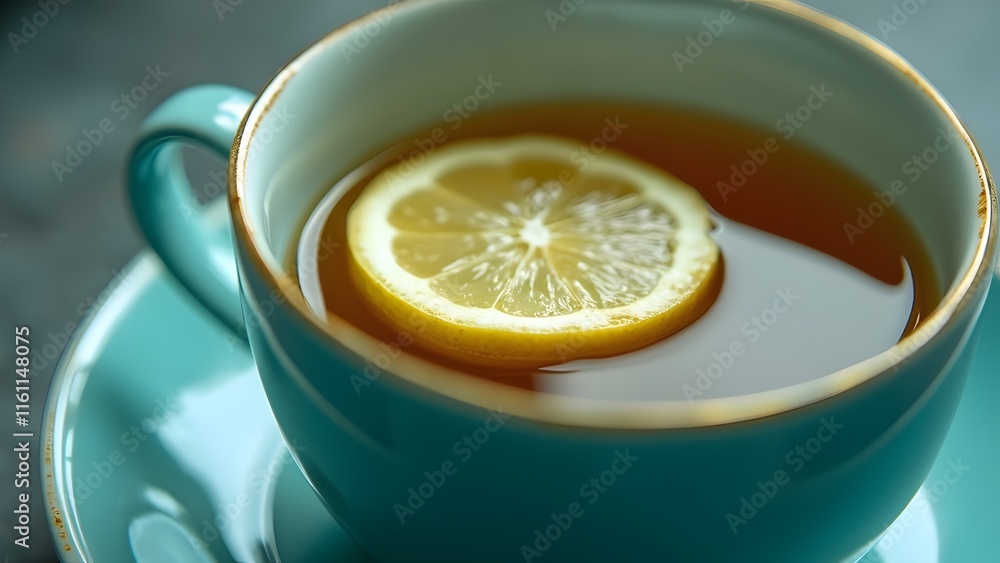 Close-up of Steaming Cup of Tea with Lemon Slice in Teal - Refreshing Beverage Photography Close-up of Steaming Cup of Tea with Lemon Slice in Teal - Refreshing Beverage Photography
