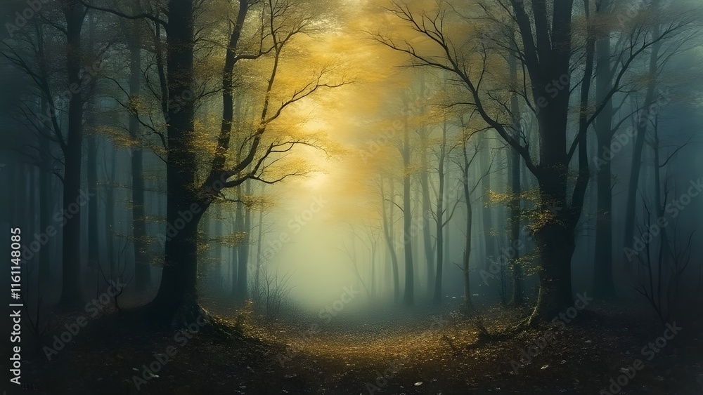 Fototapeta premium Mystical Dusk Forest, Golden Yellows and Soft Blues in a Dreamlike Woodland Setting