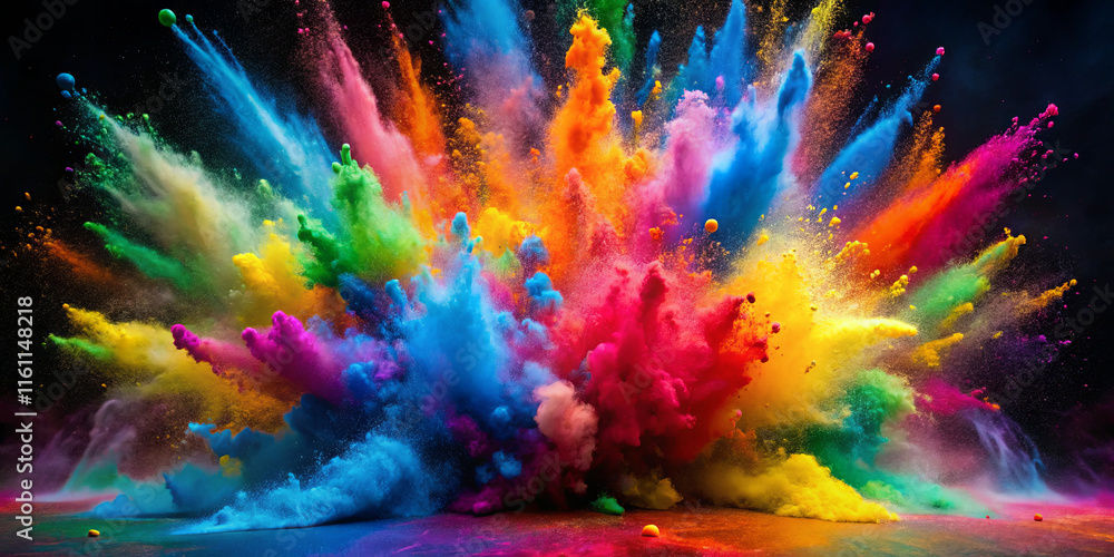 Bright colors burst into the air, creating a stunning spectacle as powders mix and swirl. This energetic display represents joy and celebration in a lively atmosphere Bright colors burst into the air, creating a stunning spectacle as powders mix and swirl. This energetic display represents joy and celebration in a lively atmosphere