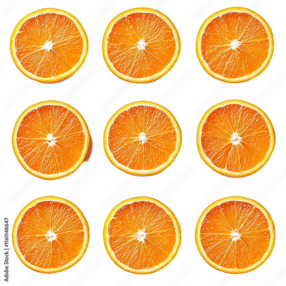 Nine Slices of Juicy Oranges on a Black Background Nine Slices of Juicy Oranges on a Black Background