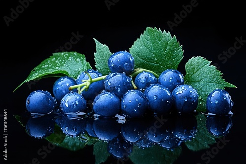 Juicy, dark grapes with water droplets, resting on vibrant green leaves against a black background.